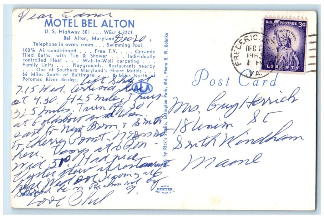 1963 Motel Bel Alton Office Swimming Pool Bel Alton Maryland MD Vintage Postcard