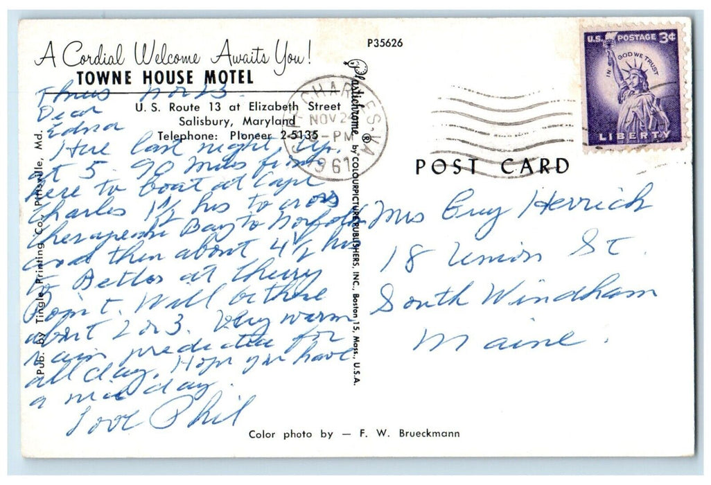 1967 Towne House Motel Cars Roadside Salisbury Maryland MD Vintage Postcard