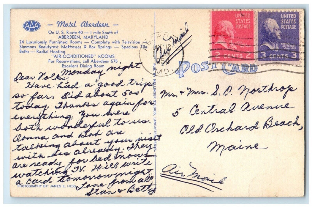 1954 Motel Aberdeen Roadside Aberdeen Maryland MD Posted Vintage Postcard