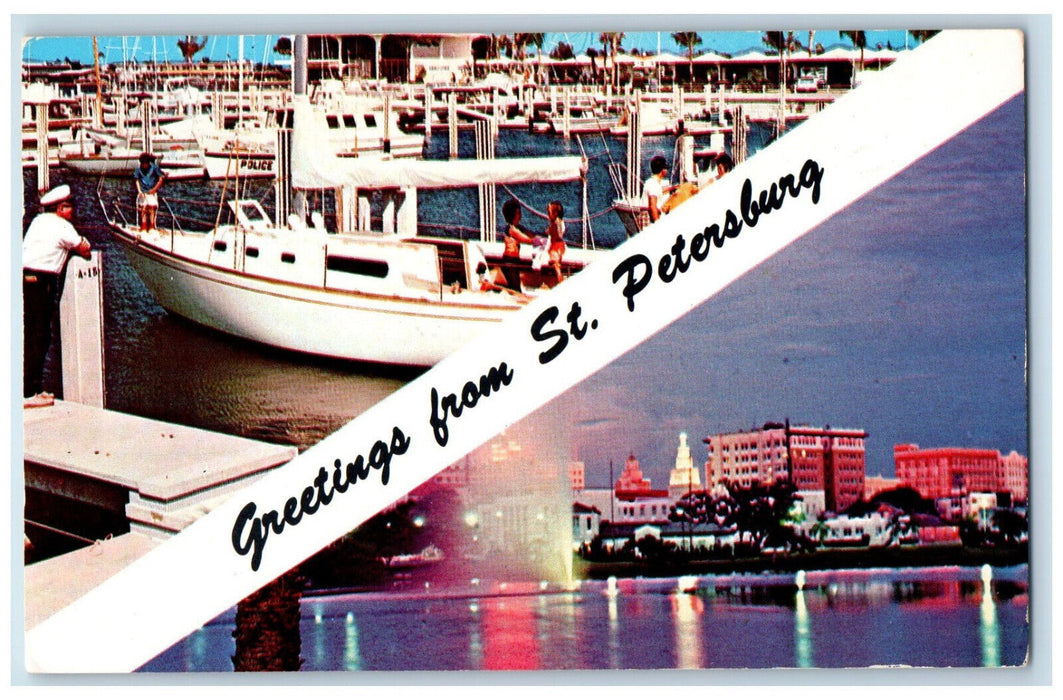 1972 Yacht Basin Night View Greetings from St. Petersburg FL Multiview Postcard