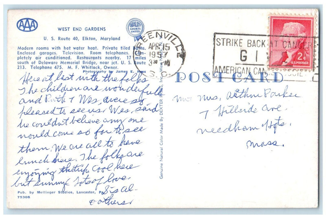 1957 West End Gardens Hotel Court Roadside Elkton Maryland MD Vintage Postcard