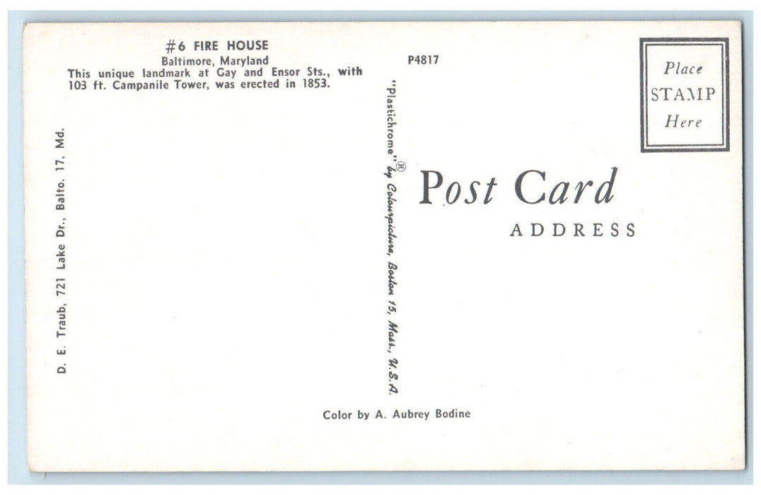 c1960's Campanile Tower Landmark #6 Fire House Baltimore Maryland MD Postcard