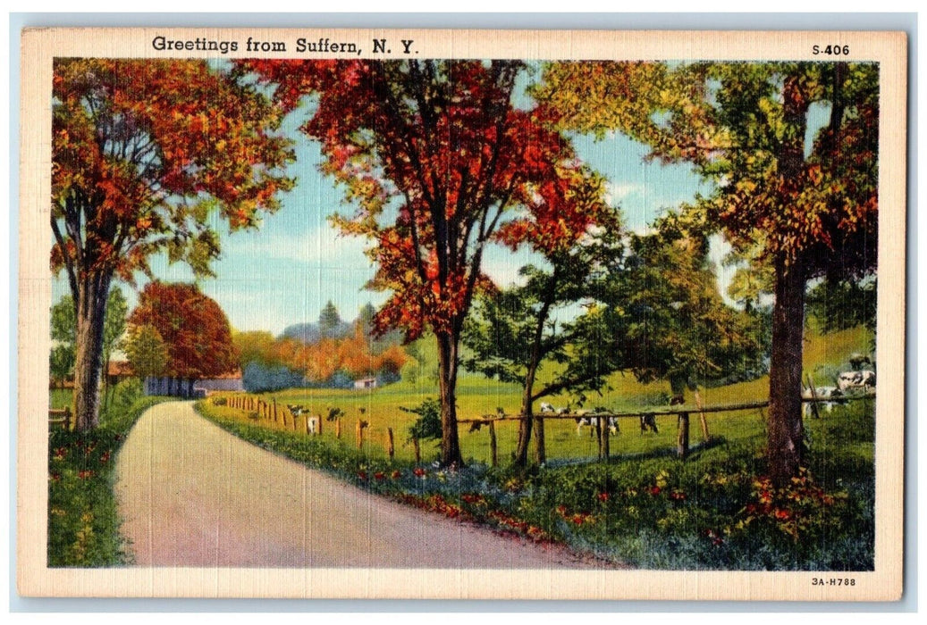 1941 Greetings From Suffern New York NY, Road And Cows Field View Postcard