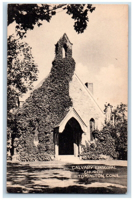 c1930's Calvary Episcopal Church Scene Street Stonington Connecticut CT Postcard