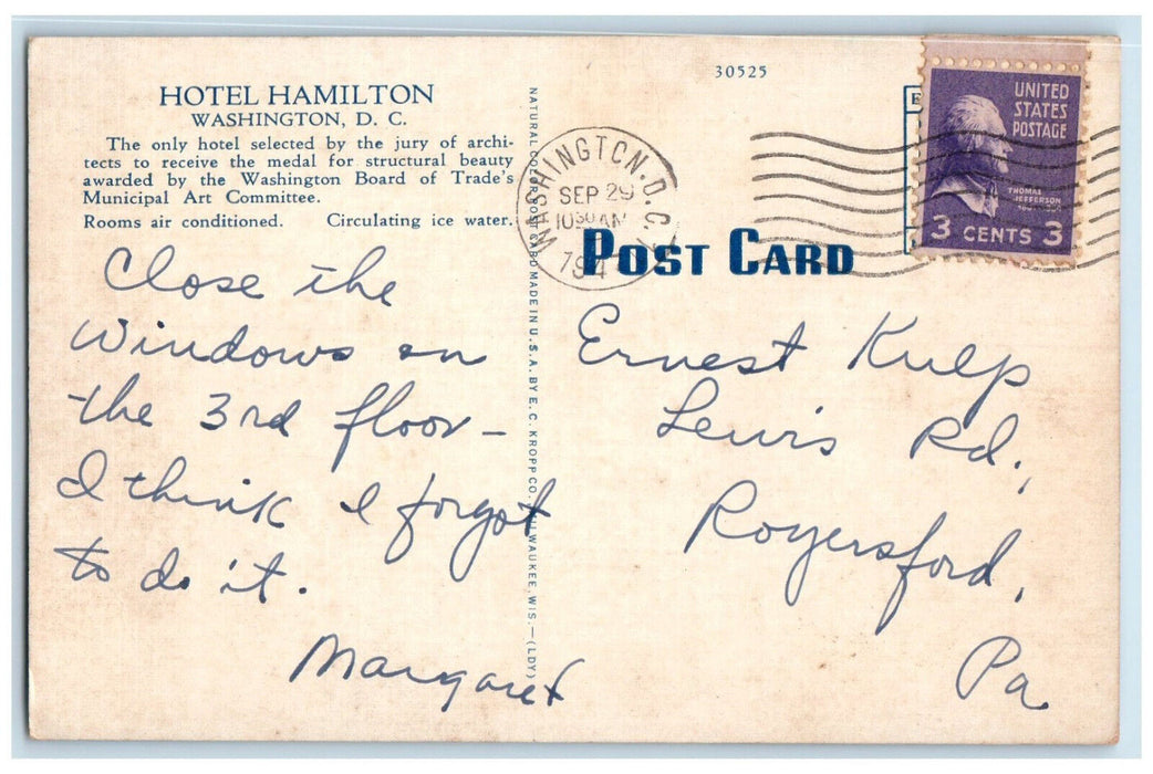 1947 Hotel Hamilton Building View Washington DC Vintage Posted Postcard
