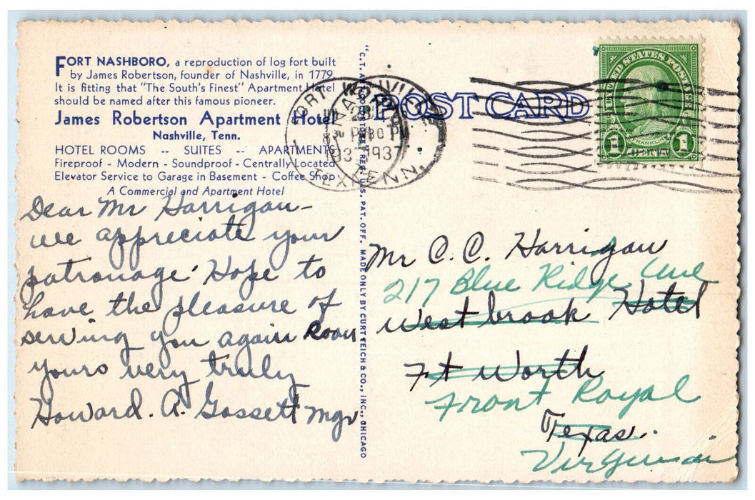1937 James Robertson Apartment Hotel Nashville Tennessee TN Postcard