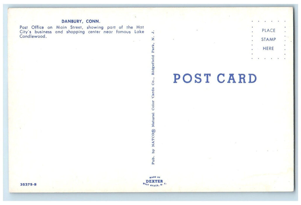 c1950's Post Office On Main Street Hat City's Business Danbury CT Postcard