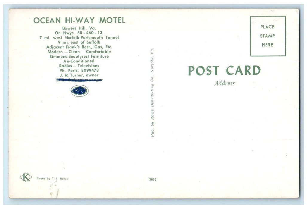 c1950's Ocean Hi Way Motel Roaside Bowers Hill Virginia VA Vintage Postcard