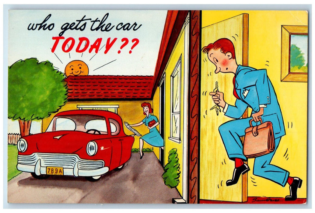 1957 Red Car Sun Moltz Chevrolet Co. Inc Williamsport PA Comic Postcard