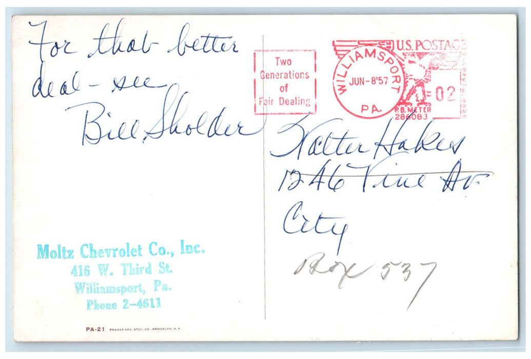 1957 Red Car Sun Moltz Chevrolet Co. Inc Williamsport PA Comic Postcard