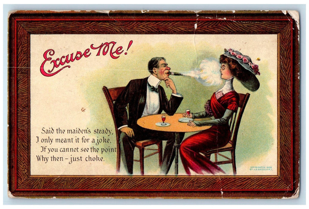 1910 Couple Dinner Date Cigarette Wakefield Kansas KS Excuse ME Postcard