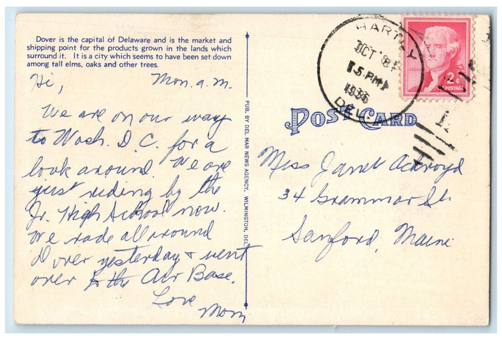 1936 High School Building Campus Dover Delaware DE Posted Vintage Postcard