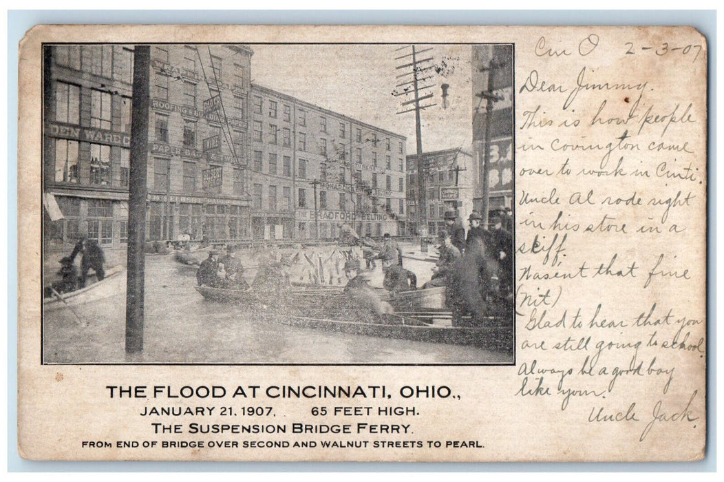 1907 Suspension Bridge Ferry The Flood at Cincinnati Ohio OH Postcard