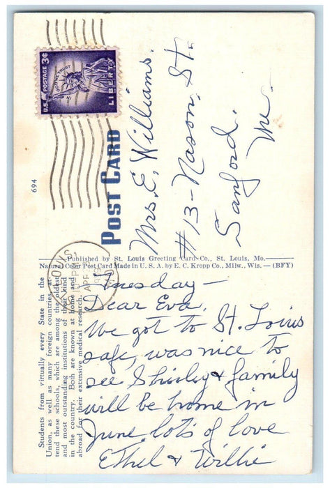 1939 St. Louis University Medical And Dental Schools St. Louis MO Postcard