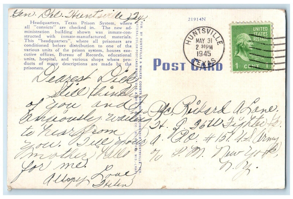 1945 Headquarters Texas Prison Huntsville TX, Multiview Posted Vintage Postcard