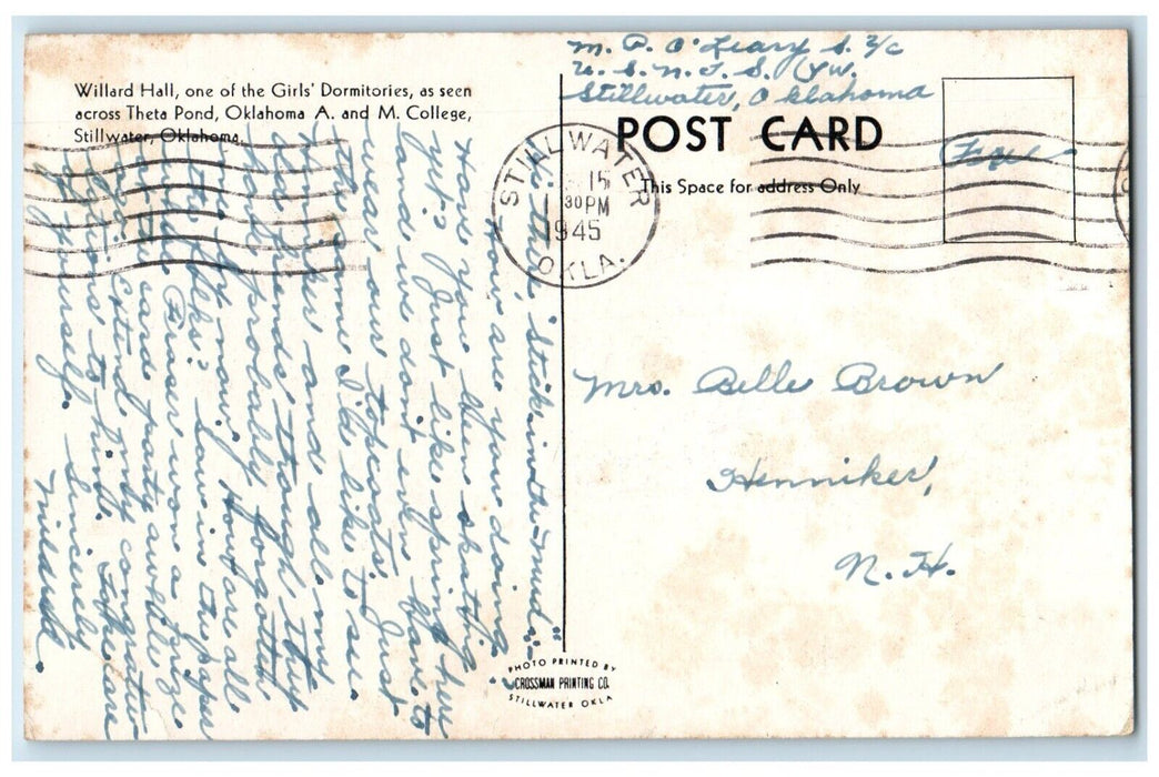 1945 Willard Hall Girls Dormitories Theta Pond Stillwater Oklahoma OK Postcard