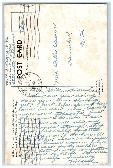 1945 Willard Hall Girls Dormitories Theta Pond Stillwater Oklahoma OK Postcard