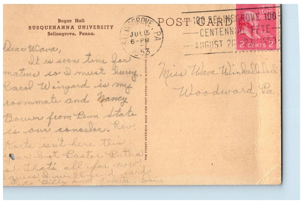 1953 Bogar Hall Susquehanna University Selinsgrove Pennsylvania PA Postcard
