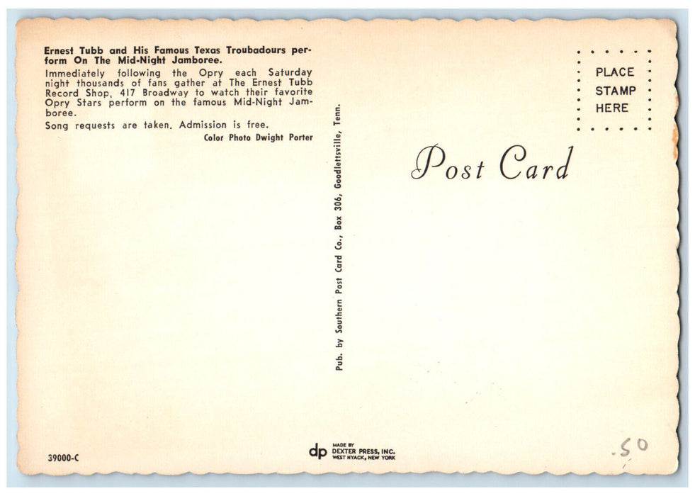 c1950's Ernest Tubb and His Famous Texas Troubadours Jamboree Postcard