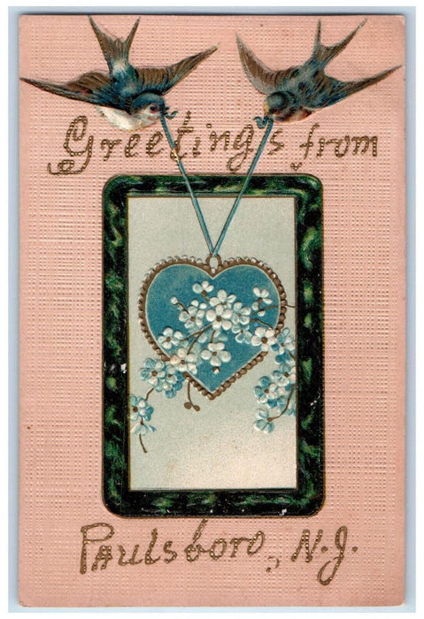 c1910 Bird Heart Flower Greetings from Paulsboro New Jersey NJ Embossed Postcard