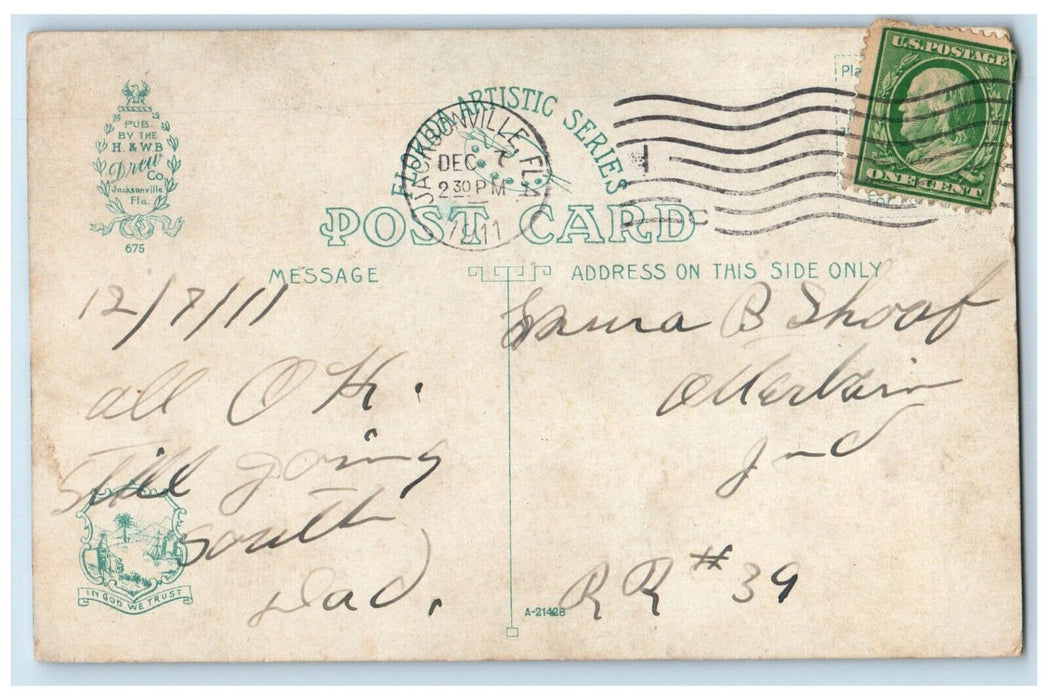 1911 Main Street Showing Avenue Jacksonville Florida FL Antique Postcard