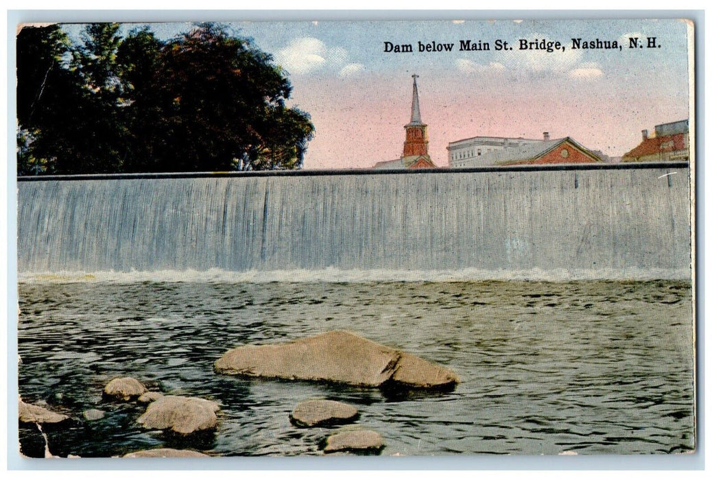 1914 Dam Below Main Street Bridge Nashua New Hampshire NH, Waterfalls Postcard