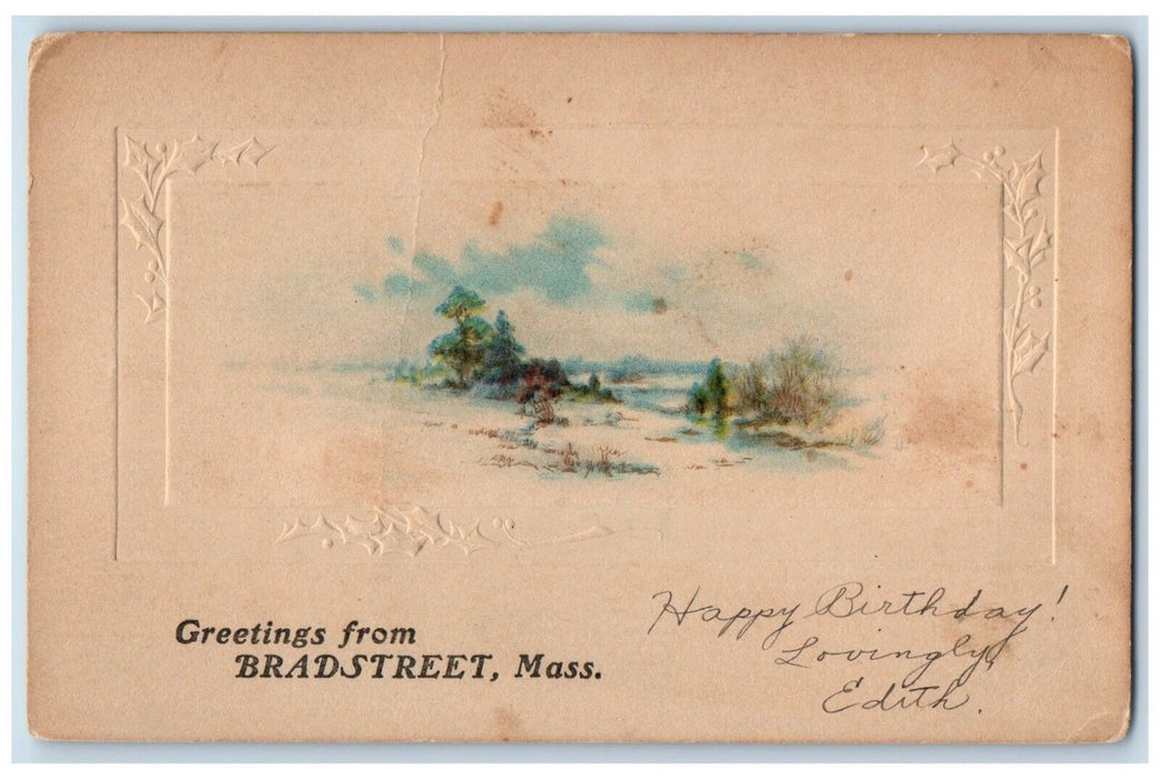 1918 Greetings From Bradstreet Massachusetts MA, Winter Trees Embossed Postcard