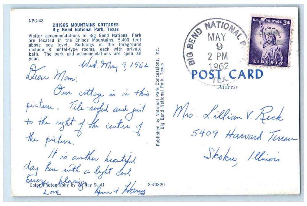 1962 Chisos Mountains Cottages Big Bend National Park Texas TX Vintage Postcard