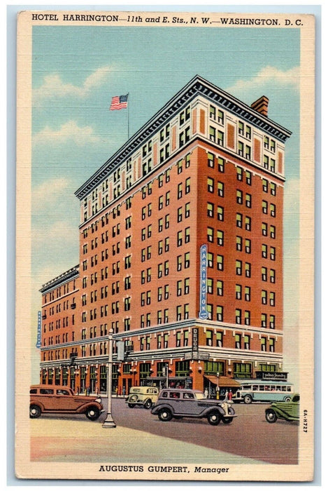 c1930's Hotel Harrington Building Cars Street View Washington DC Postcard