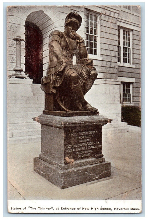 1911 Statue Of The Thinker At Entrance Of New High School Haverhill MA Postcard