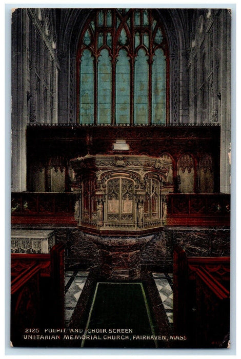 1921 Pulpit And Choir Screen Unitarian Memorial Church Fairhaven MA Postcard