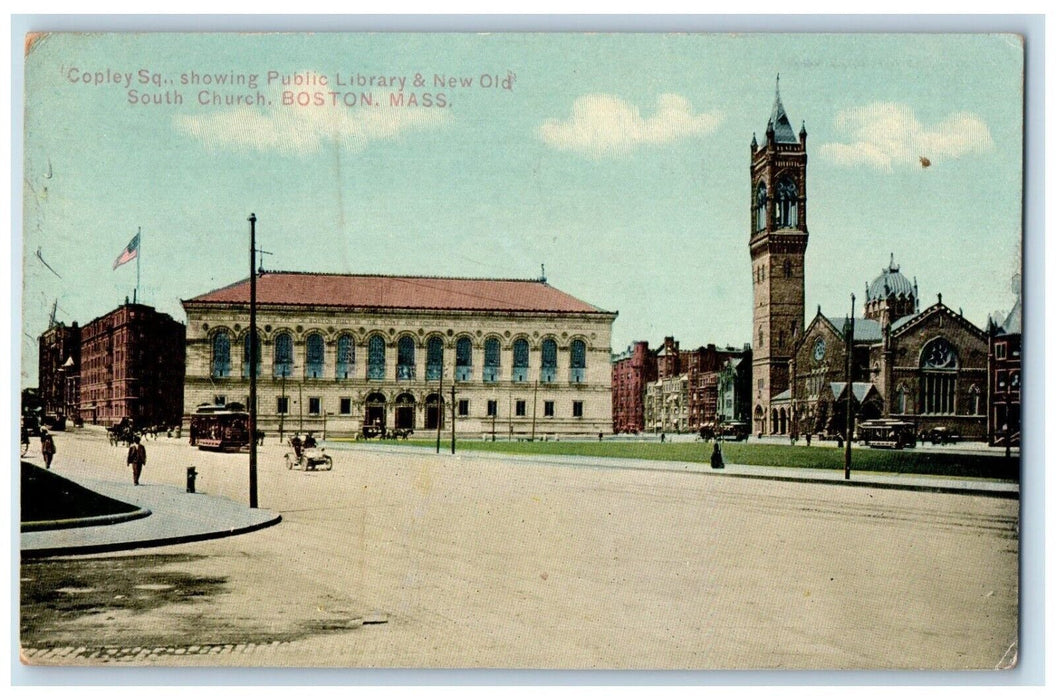 Copley Square Public Library & New Old South Church Trolley Boston MA Postcard