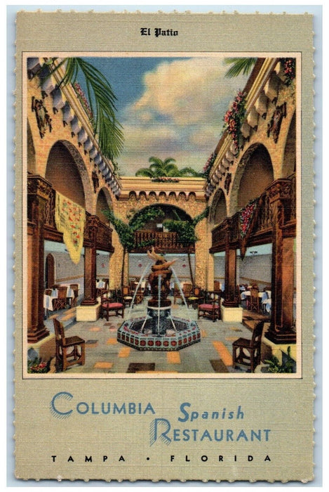 1940 Scenic El Patio Fountain Columbia Spanish Restaurant Tampa Florida Postcard