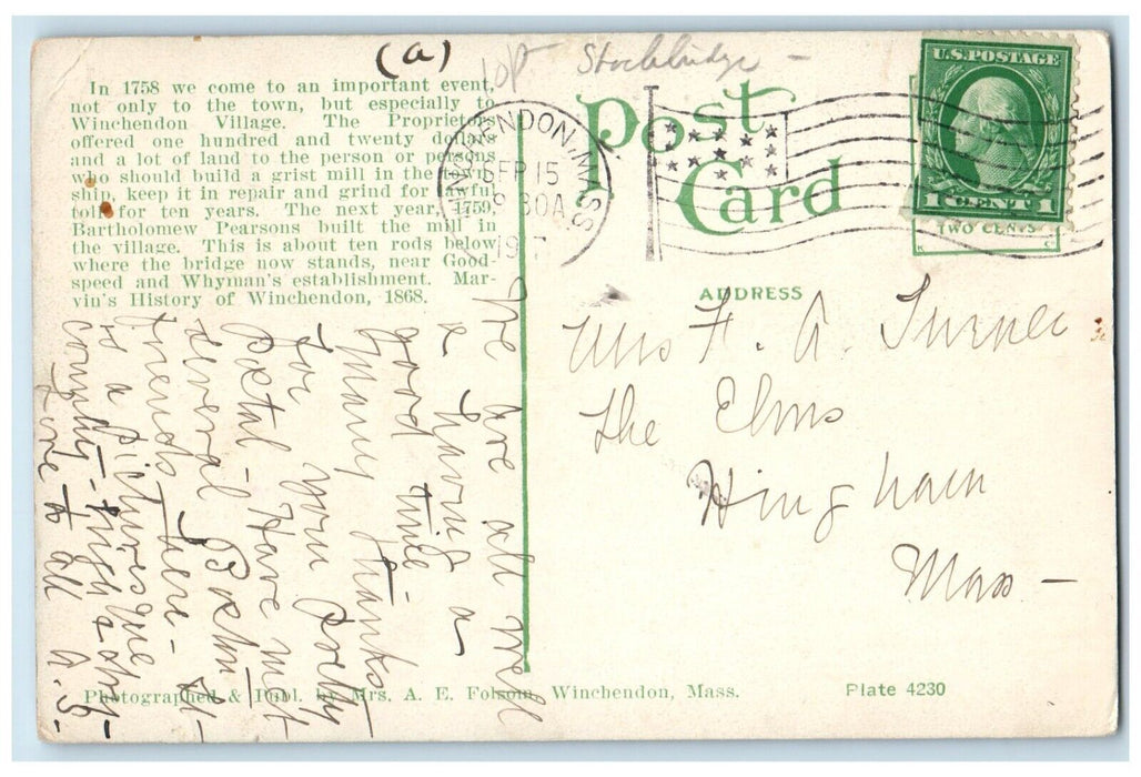 1917 View Of The Old Mill Pond Winchendon Massachusetts MA Antique Postcard