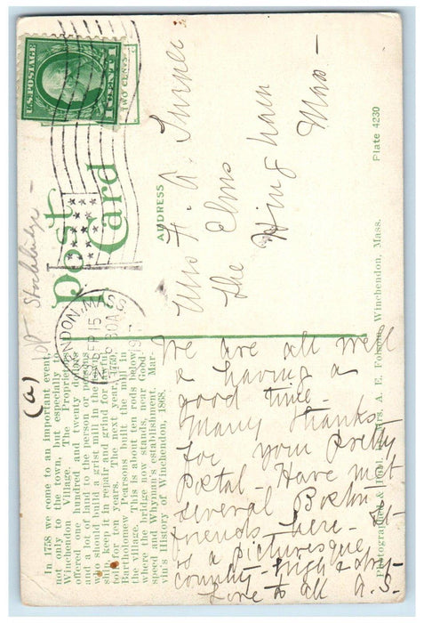 1917 View Of The Old Mill Pond Winchendon Massachusetts MA Antique Postcard