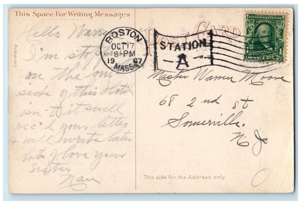 1907 Hotel Vendome Building Boston Massachusetts MA Posted Antique Postcard