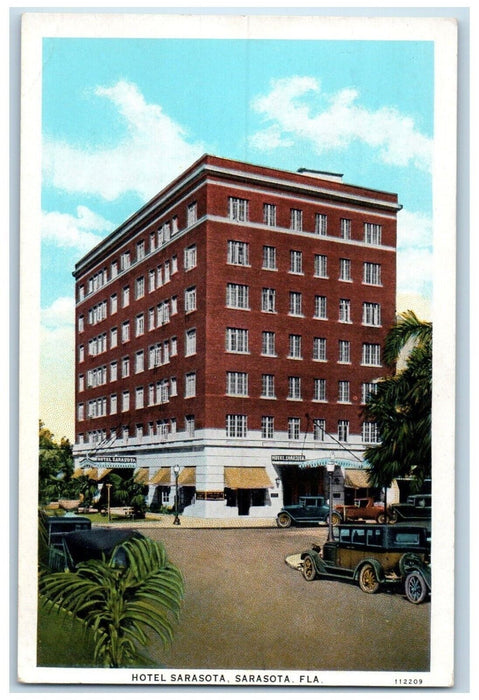 1920 Exterior View Hotel Sarasota Building Classic Car Sarasota Florida Postcard