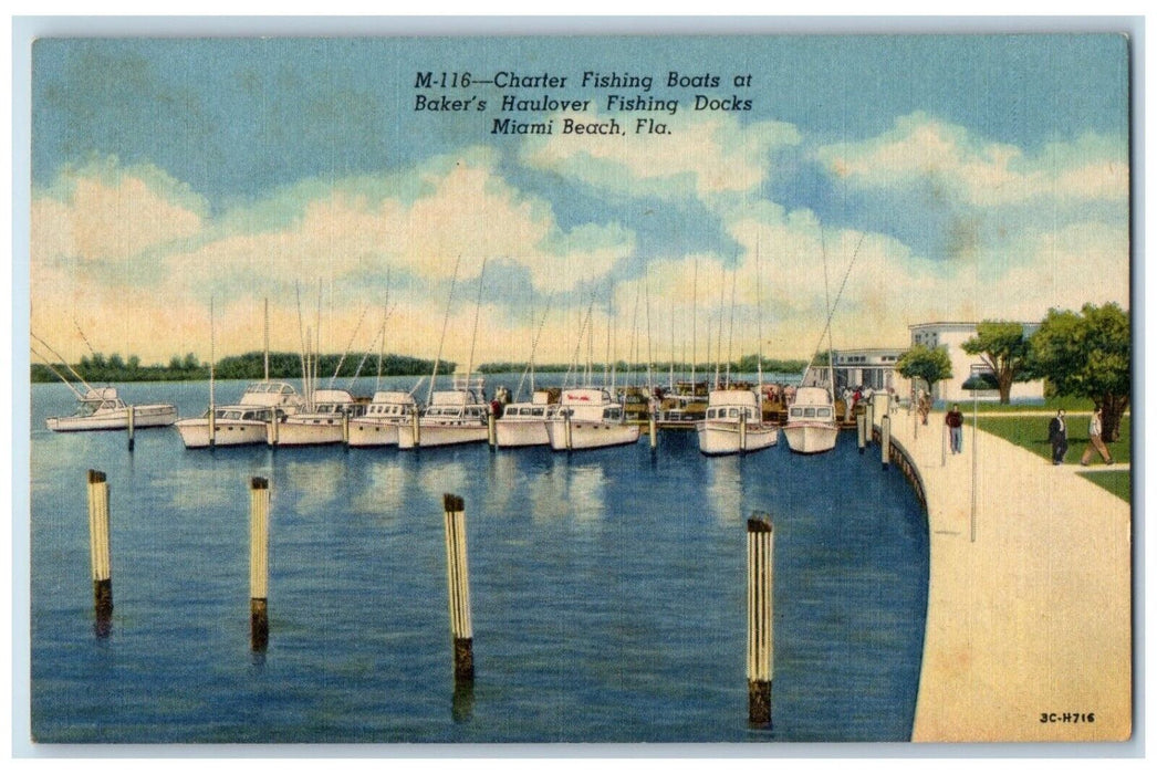 c1940 Charter Fishing Boats Baker Haulover Fishing Docks Beach Florida Postcard