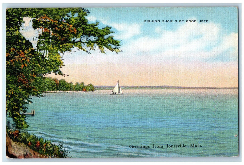 c1940's Fishing Should Be Good Here Greetings from Jonesville MI Postcard