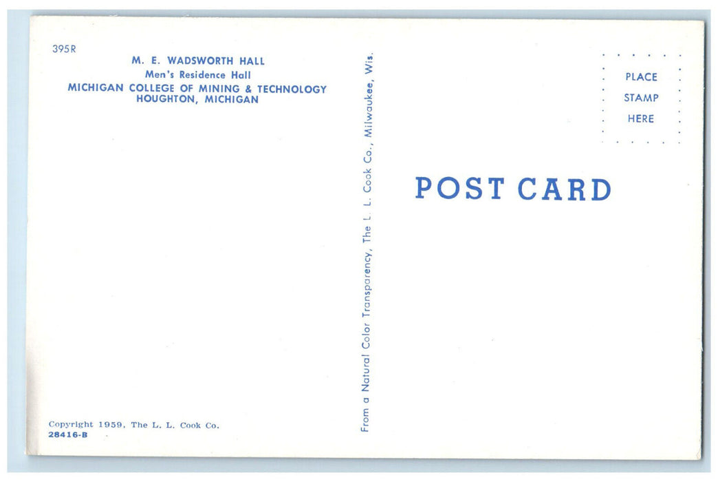 c1960's M.E. Wadsworth Hall Michigan College of Mining Houghton MI Postcard