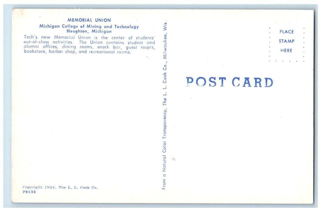 c1960's Memorial Michigan College of Mining & Technology Houghton MI Postcard