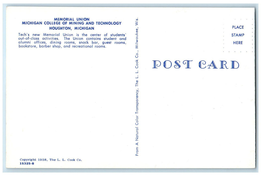 c1960's Memorial Union Michigan College of Mining & Tech Houghton MI Postcard