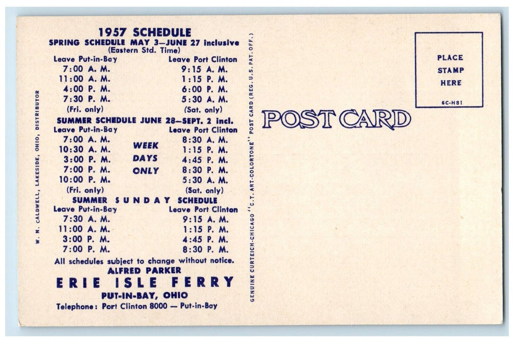 c1957 Ferry Schedule Port Clinton Erie Isle Put-In-Bay Middle Bass Ohio Postcard