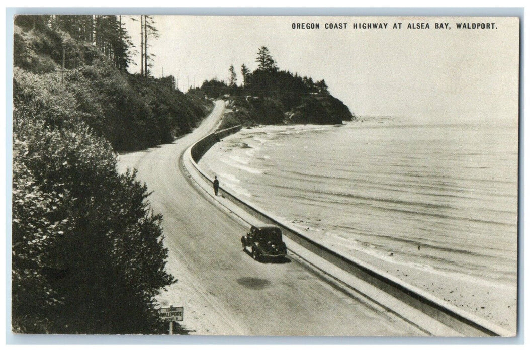 c1910 Oregon Coast Highway Alsea Bay Waldport Classic Car Road Trees OR Postcard