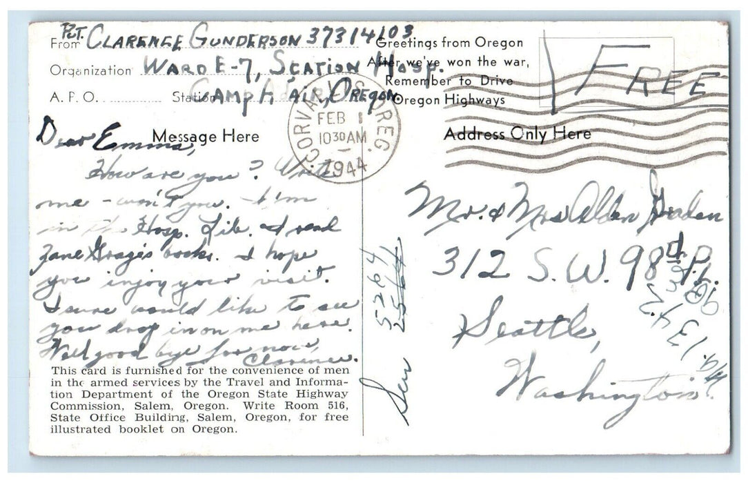 1944 Tumalo Falls Cascade Mountains River Lake Cliff Rocks Bend Oregon Postcard