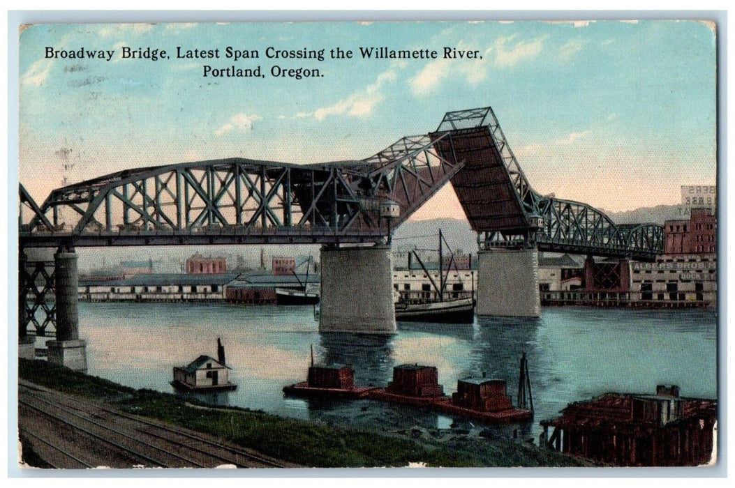 1915 Broadway Bridge Latest Span Crossing Willamette Portland Oregon OR Postcard