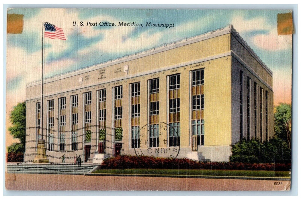 1944 US Post Office Building Meridian Mississippi MS Posted Vintage Postcard