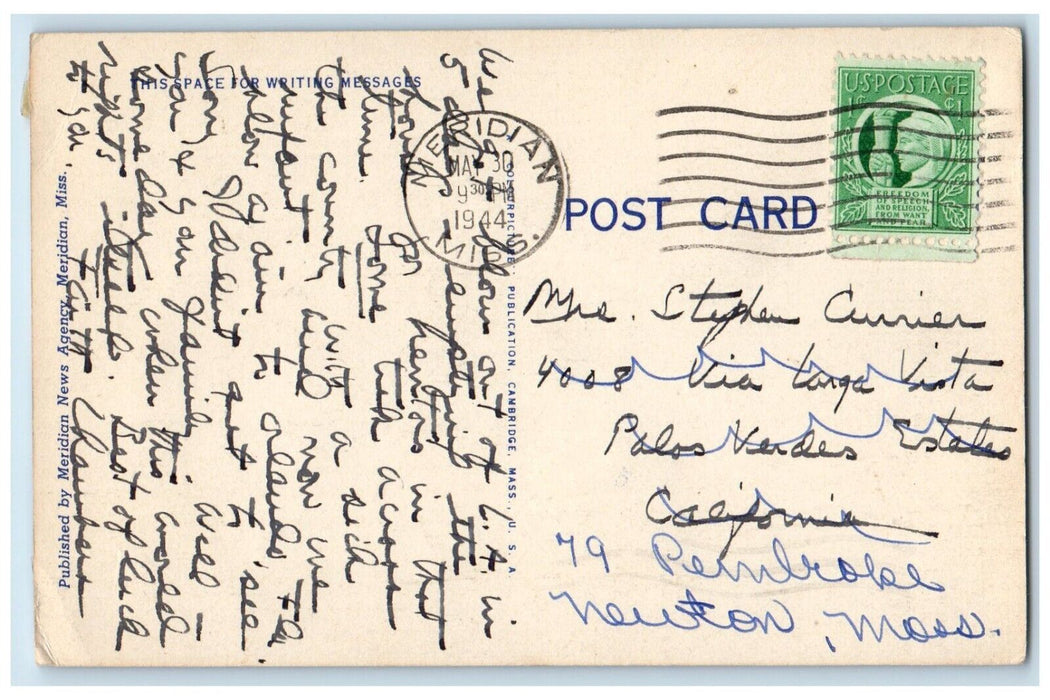 1944 US Post Office Building Meridian Mississippi MS Posted Vintage Postcard