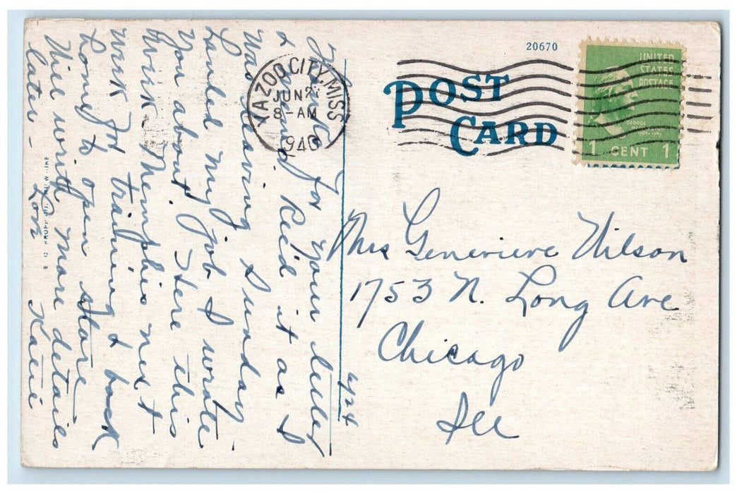 1940 US Post Office Building Yazoo City Mississippi MS Posted Vintage Postcard