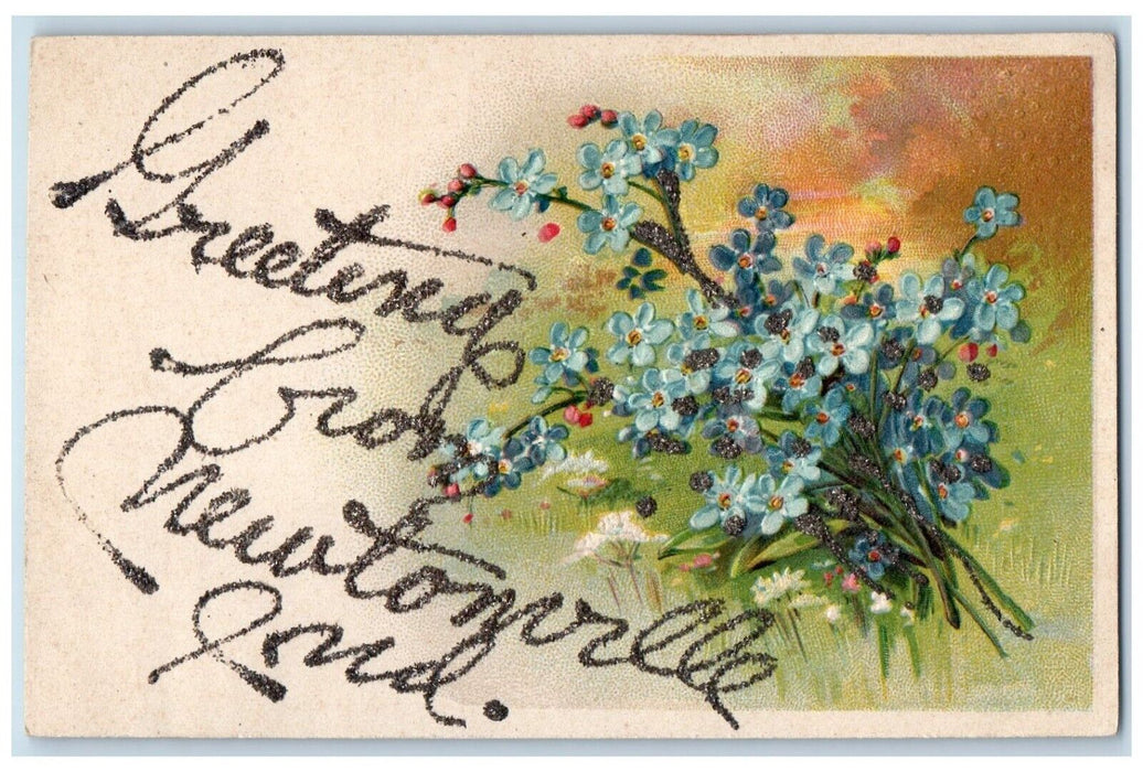 c1910's Greetings From Newtonville Indiana IN, Glitter Flowers Embossed Postcard